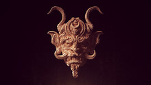 Ancient Face Mask With Horns Wood Carving Halloween Art Sculpture 3d Illustration Render