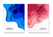 Cut Out Background Paper. Abstract Paper Cut Shapes, Colourful Curved Layers With Shadow. Blue And Pink Waves, Banner Or Poster Vertical Template With Copy Space, Flyer Or Brochure Vector Set