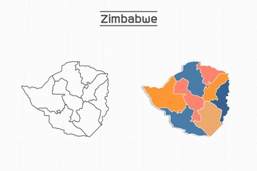 Zimbabwe map city vector divided by colorful outline simplicity style. Have 2 versions, black thin line version and colorful version. Both map were on the white background.