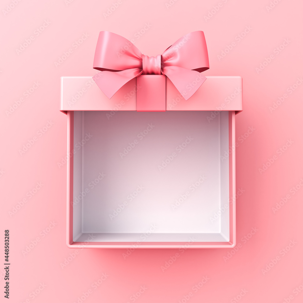 Open pink gift box or top view of blank pink pastel color present box ...