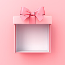 Open Pink Gift Box Or Top View Of Blank Pink Pastel Color Present Box Tied With Pink Ribbon And Bow Isolated On Pink Pastel Color Background With Shadow Minimal Conceptual 3D Rendering