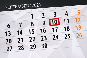 Calendar planner for the month september 2021, deadline day, 10, friday