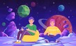 Fantastic dive into book. Young man and woman sitting and reading, planets and cosmic objects on background, great imagination, science fiction literature vector flat cartoon concept