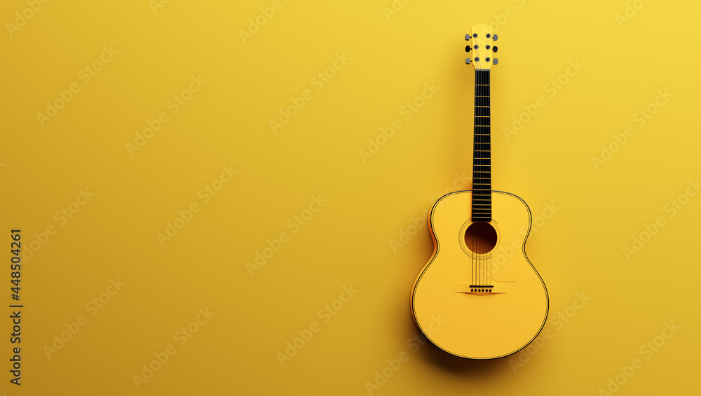 Classical acoustic guitar on yellow background. - obrazy, fototapety, plakaty 