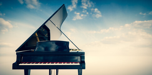 Wall Mural - Grand piano on sunset sky background