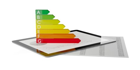 Wall Mural - european energy classification label on tablet pc with data sheet and diagram on white background, e