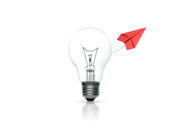 Wall Mural - Light bulb with red paper plane on white background