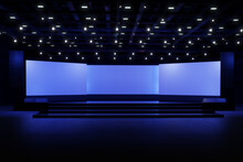 Empty Stage Design  For Mockup And Corporate Identity,Display.Platform Elements In Hall.Blank Screen System For Graphic Resources.Scene Event Led Night Light Staging,3D Render.