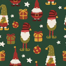 Christmas Holiday Gnomes, Elves And Gift Seamless Pattern For Fabric, Textiles, Linen And Wallpaper