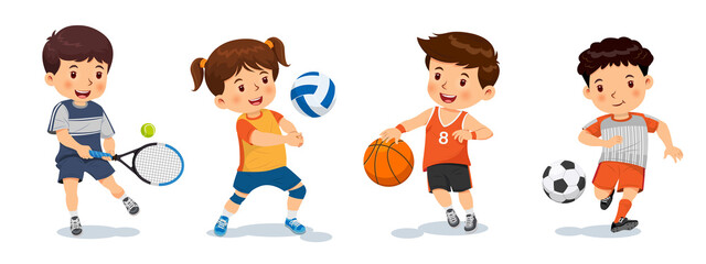 Vector illustration of cute little children playing different sports, tennis, volleyball, basketball, football. Isolated on a white background