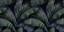 Tropical Exotic Seamless Pattern. Night Blue Green Gradient Banana Leaves, Palm. Hand-drawn Dark Vintage 3D Illustration. Nature Abstract Background Art Design. Good For Luxury Wallpapers, Clothes