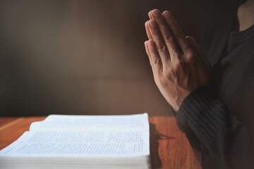  Praying hands with faith in religion and belief in God on dark background. Pay respect.  Namaste or Namaskar hands gesture.