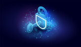 Web Protect or security symbol. Cyber Security Icon. Abstract closed lock with key. Isometric vector image on dark background.