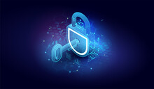 Web Protect Or Security Symbol. Cyber Security Icon. Abstract Closed Lock With Key. Isometric Vector Image On Dark Background.