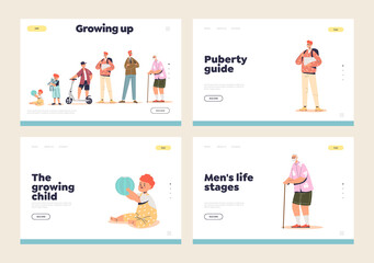  Set of landing pages with growing man life stages: newborn infant, teenager and older man