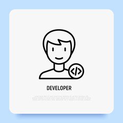 Wall Mural - developer, coder, programmer thin line icon, avatar of man with program code. modern vector illustra