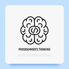 Wall Mural - Programmer's thinking thin line icon, human brain with code symbols. Developer, professional solution for web development. Vector illustration.