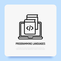 Wall Mural - programming languages thin line icon, open laptop with books, online education. modern vector illust