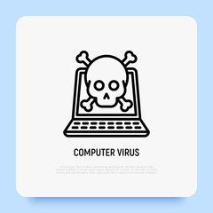 Wall Mural - computer virus thin line icon, open laptop with skull. modern vector illustration.