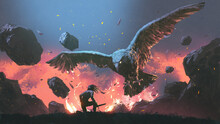 A Man Fighting With The Legendary Eagle, Digital Art Style, Illustration Painting
