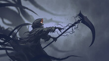 The Death As Know As Grim Reaper Casts Black Magic On The Scythe, Digital Art Style, Illustration Painting