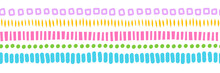 Abstract Shapes Seamless Vector Border. Repeating Horizontal Pattern Colorful Hand Drawn Stripes, Dots, Brush Strokes Illustration. Kids Banner, Footer, Divider, Fabric Trim, Ribbon, Wall Decal S
