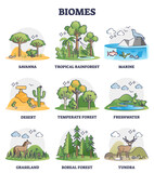 Fototapeta  - Biomes as biogeographical climate zones division in outline collection set. Different weather environments and habitat description vector illustration. Savanna, marine, desert and tundra examples.