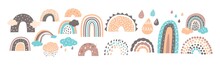 Set Of Scandinavian Rainbows In Cute Baby Style, Simple Design For Wallpaper, Print Or Pattern. Funny Drops And Clouds