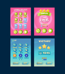 Wall Mural - set of funny game ui vertical screen level selection interface and victory