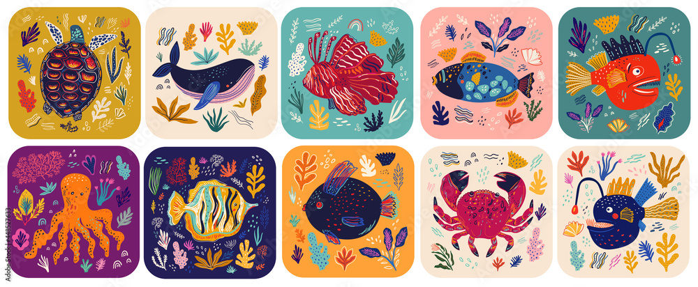Big colourful collection wit cute funny cards on marine life theme. Underwater world cards for kids design. Vector illustrations with sea turtle, whale, fishes, seaweed - obrazy, fototapety, plakaty 