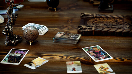 Tarot cards on the table, esoteric concept, fortune telling and predictions