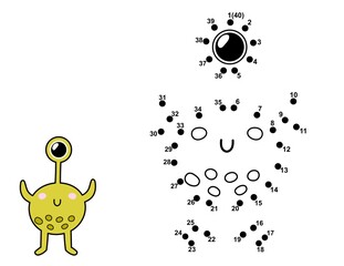 Wall Mural - Connect the dots and draw a cute alien character. Join the numbers activity page with funny monster. Dot to dot educational game for kids. Vector illustration