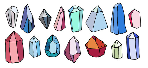 vector set of multi-colored crystals. a hand-drawn collection of precious stones, bright blue, red, green colors, various shapes with a black outline, isolated on a white background for a design templ