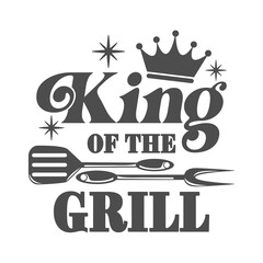 King of the grill motivational slogan inscription. Vector barbecue quotes. Illustration for prints on t-shirts and bags, posters, cards. Bbq master phrase. Isolated on white background.