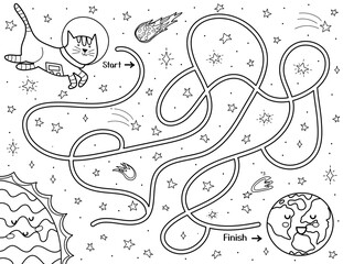 Sticker - Help a cute cat astronaut find a way to the Earth. Black and white space maze for kids. Activity puzzle page with funny space character. Mini game and coloring page. Vector illustration