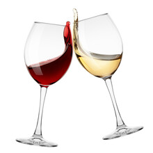 Red And White Wine Splash In Glass Isolated On White Background, Full Depth Of Field, Clipping Path