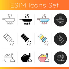 Poster - Cooking instruction icons set. Frying pan on stove. Sprinkle salt. Mashed potatoes in bowl. Culinary and cookery guide steps. Linear, black and RGB color styles. Isolated vector illustrations