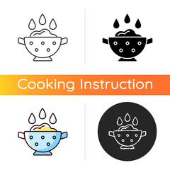 Sticker - Rinse cooking ingredient icon. Wash rice on bowl with holes. Soaking product as cooking instruction step. Food preparation process. Linear black and RGB color styles. Isolated vector illustrations