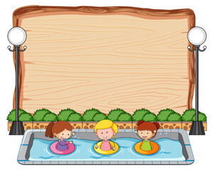 Wall Mural - Empty wooden board with many kids in the pool isolated