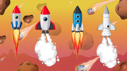Wall Mural - Set of different rocket and spaceship in space background