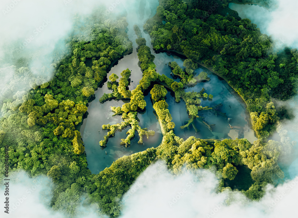 A conceptual image showing a lung-shaped lake in a lush and pristine jungle. 3d rendering. - obrazy, fototapety, plakaty 