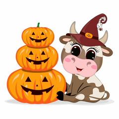 Wall Mural - Cute Cartoon little cow with halloween witch hat and pumpkins. Perfect for greeting cards, party invitations, posters, stickers, pin, scrapbooking, icons.