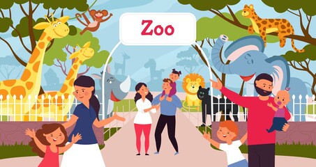 Poster - Family in zoo. Smiling cartoon kids, walking in park with parents. Safari in city, giraffe monkey elephant. Wild animal and people decent vector scene