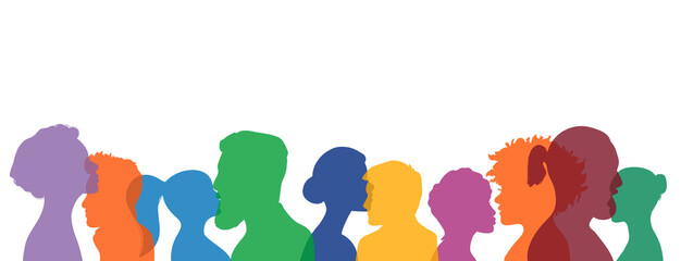 Community people colorful heads silhouette panorama banner team vector EPS10 illustration isolated on white. Human chatting and communication concept