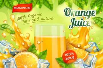 Wall Mural - Realistic Detailed 3d Orange Juice Glass Cup Ads Banner Concept Poster Card. Vector illustration of Summer Citrus Drink