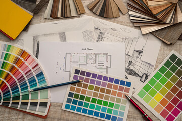 Wall Mural - house drawing with color swatches, pencil for renovation