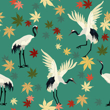 Seamless Vector Illustration With Cranes And Autumn Maple Leaves.