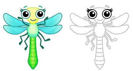 Wall Mural - Coloring Insect for children coloring book. Funny dragonfly in a cartoon style. Trace the dots and color the picture