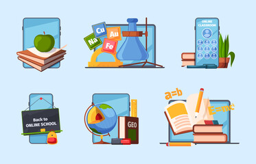 Canvas Print - Back to school. Distance education tools computers digital books for lessons items for students pencils papers notebook learning supplies garish vector collection