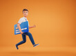 © Foxstudio - Happy cartoon businessman in white shirt run with big credit card over yellow background with copy space. Bank service concept.